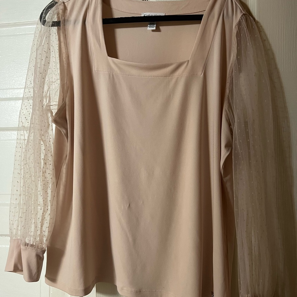 Elegant Beige Women's Top with Sheer Sleeves